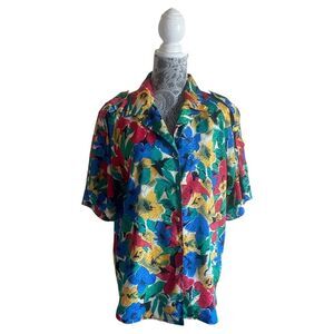 VINTAGE 80s Oscar de la Renta Expressions Floral Print Button Front Blouse